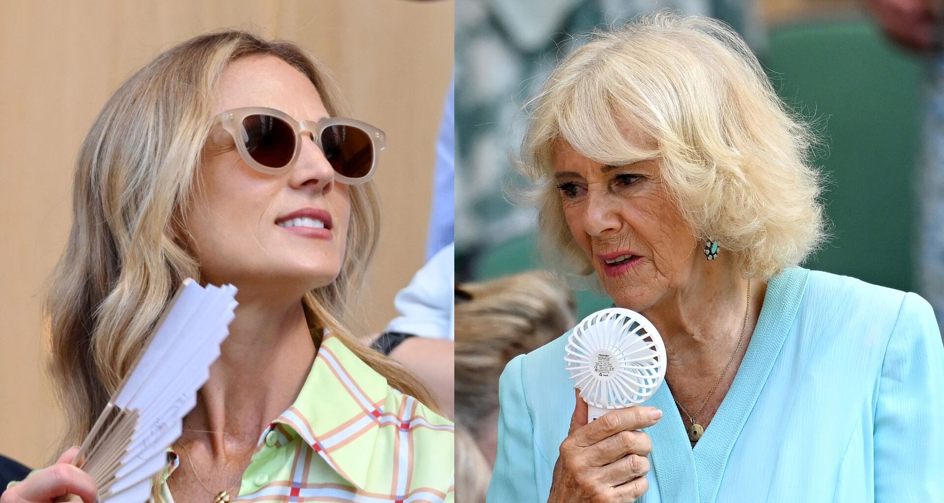 Queen Camilla and Harriet Sperling using fans at Wimbledon