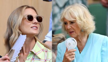 Queen Camilla and Harriet Sperling using fans at Wimbledon