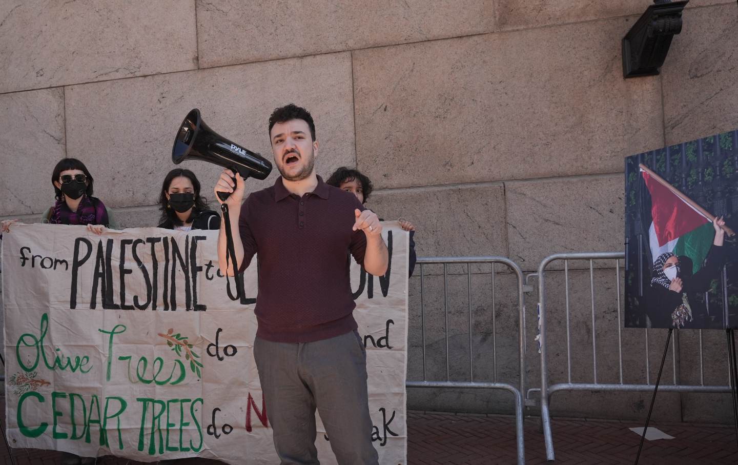 Columbia students, professors, and supporters gather in front of the university’s gates to rally in support of Mahmoud Khalil, Leqaa Kordia, and the numerous other community members who have been unlawfully detained by ICE, often with support from the Columbia administration, in New York City on March 9, 2026.