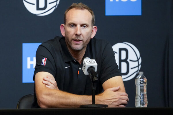 Brooklyn Nets General Manager Sean Marks speaks to reporters during a news conference to introduce the Brooklyn Nets new NBA basketball draft picks at the HSS Training Center, Friday, June 23, 2023, in New York. (AP Photo/Mary Altaffer)