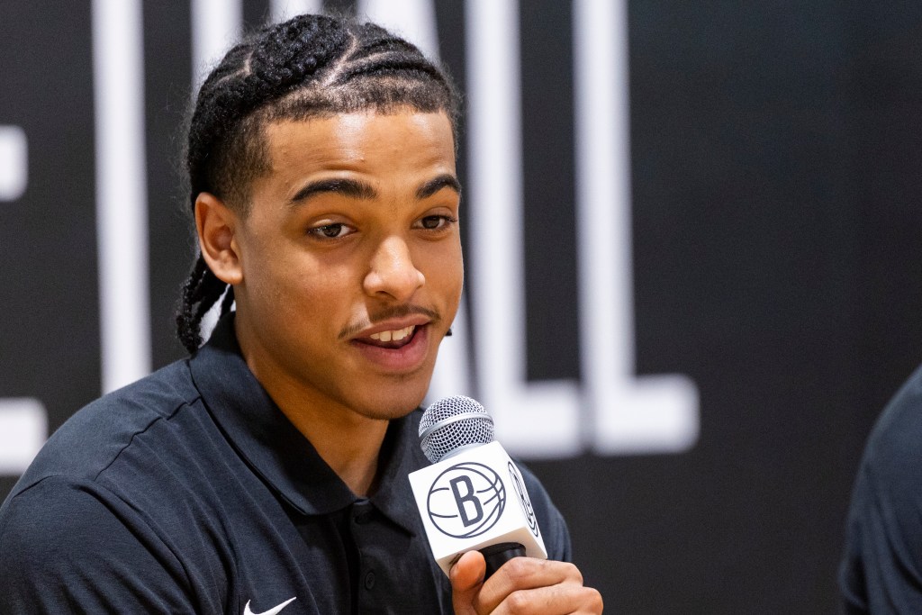 Nets top draft pick Mikel Brown speaks to the media during a NBA Draft press conference at the Brooklyn Basketball Training Center on June 29, 2026.