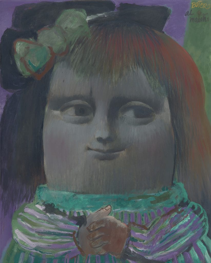 Monalisa a los Trece Años by Fernando Botero portrays a solemn young girl with oversized features against purple background.