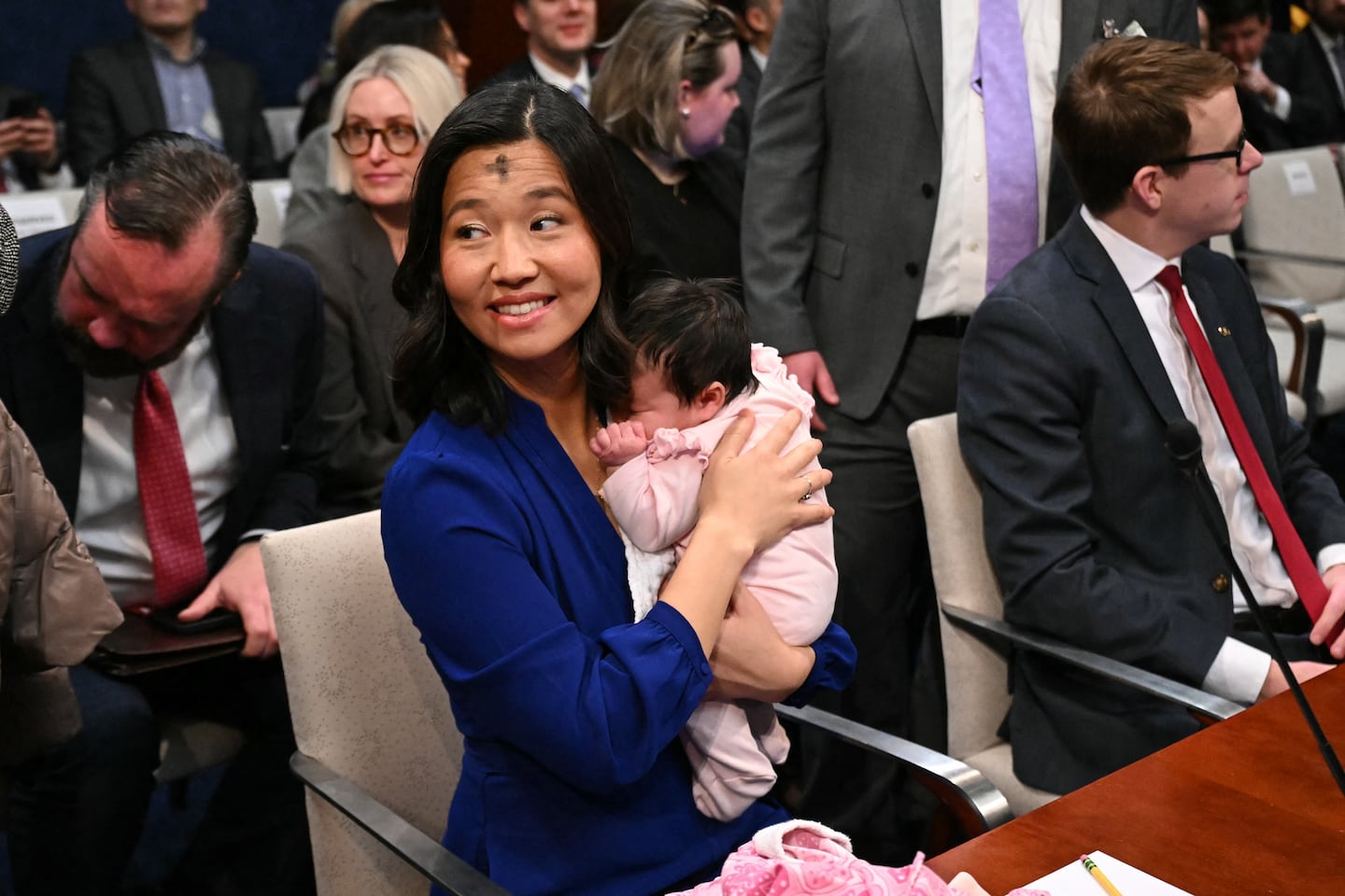 Mayor Michelle Wu held her one-month-old baby during a hearing in Washington in 2025.