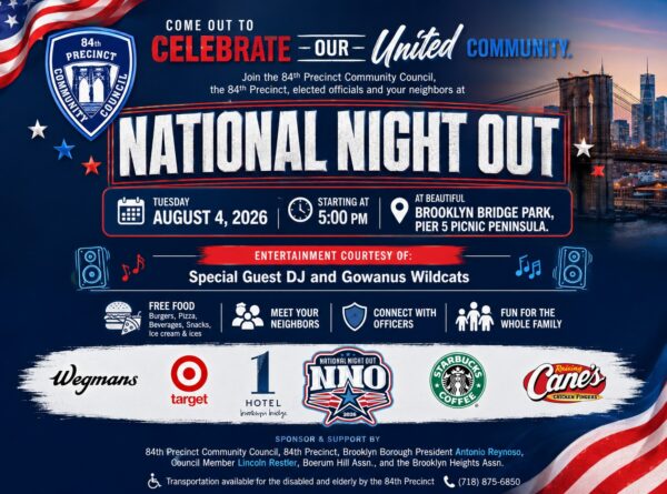 The 84th Precinct’s National Night Out, one of many in Brooklyn, will take place Tuesday in Brooklyn Bridge Park at Pier 5. Graphic: 84th Precinct Community Council