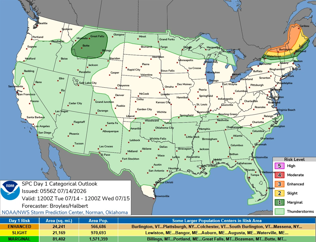 NOAA-SPC day 1 convective outlook-july 14-2026