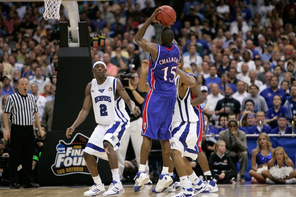 FILE - In this Monday, April 7, 2008, file photo, Kansas' Mario Chalmers shoots a 3-pointer to...