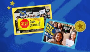 Two photos of activists holding signs to stop data centers in New York