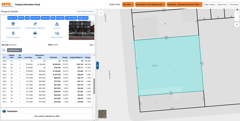 Screenshot of New York City's property valuation record for 625 Rogers Avenue
