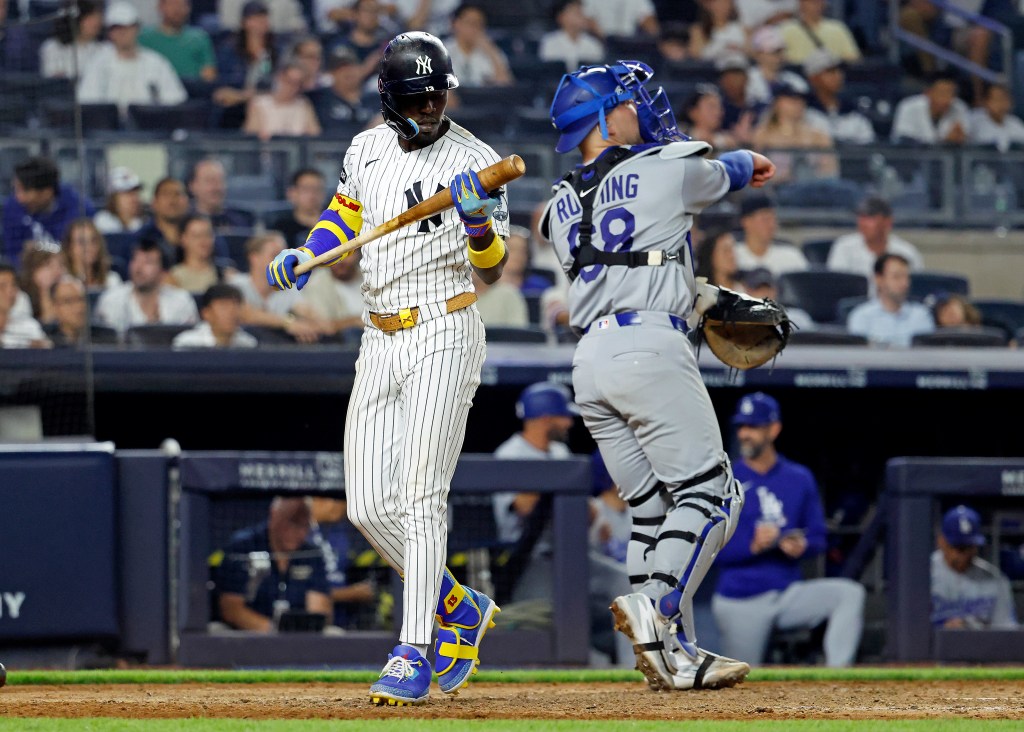 New York Yankees second baseman Jazz Chisholm Jr. reacts after he strikes out in the ninth against the Los Angeles Dodgers at Yankee Stadium in the Bronx, New York, USA, Friday, July 17 2026.