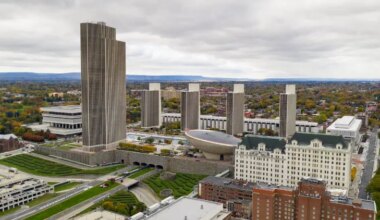 Aerial view of Governor Nelson A. Rockefeller Empire State Plaza in Albany, N.Y.