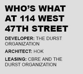 The Plan: With a Big Vacancy Looming, Durst Goes Big on Renovating 114 West 47th Who's what at 114 West 47th Street.