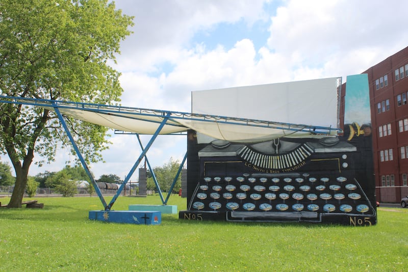 Artist Ally Walker created this typewriter mural in Lipe Art Park,  July 2021 (Amy Bleier Long)