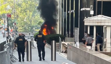 Black smoke and flames were seen in front of 26 Federal Plaza in lower Manhattan when a man lit a fire and set off fireworks outside the building on Monday morning.