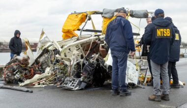 National Transportation Safety Board investigators examined the remains of the helicopter retrieved from the Hudson River following the crash.
