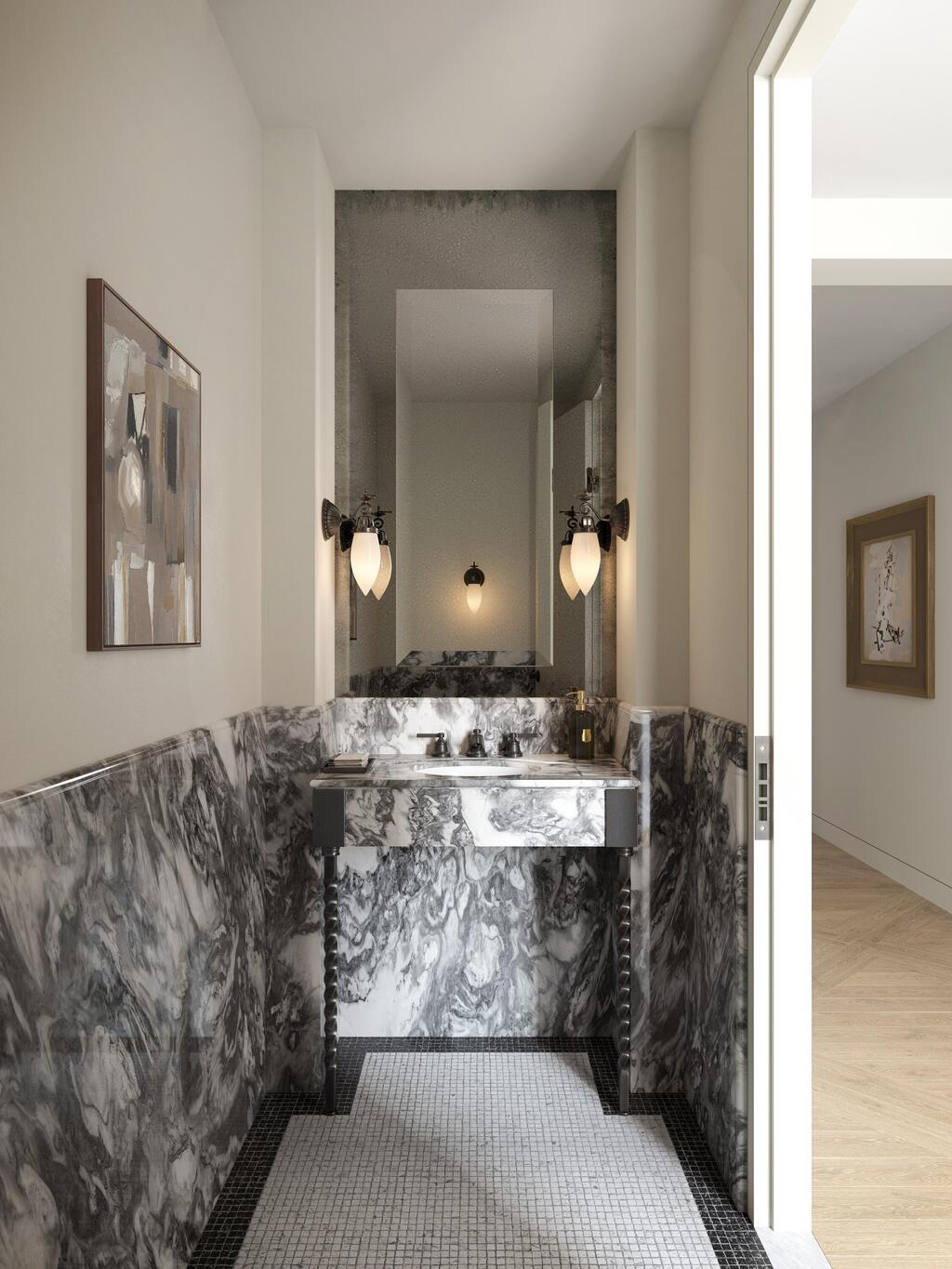 A marble-clad makeup and dressing area (Illustration: Visualisation One, The Flatiron Building) אזור איפור והתארגנות מעוצב בשיש