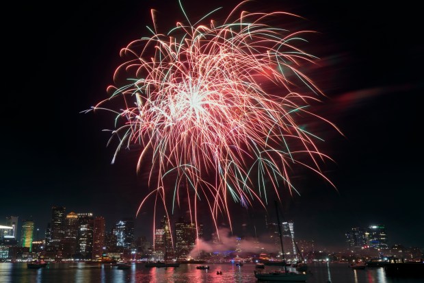Fireworks explode over the harbor during Boston Harborfest's Fourth of July weekend celebrations, Saturday, July 1, 2023, in Boston. (AP Photo/Michael Dwyer)