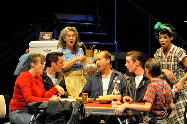 From left to right, Ariel Buck, Josiah Frampton, Lori Rivera, Darin Dailey, Adam Stanton, Wyatt Bernard and Nadia DeLeye Lewis perform in the world premiere of Joe Ortiz's "Escaping Queens" in 2012. Rivera will return to portray Mama for most of the show's new run at Santa Cruz Actors' Theatre this summer, with Brissa Ibarra playing the role July 18-19 and July 23-26. (Contributed Jana Marcus)