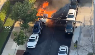 Power poles collapse onto cars, spark fire and outages in Brooklyn