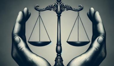 Two hands surround a balanced justice scale, symbolizing protection, fairness, and equality, set against a neutral, gradient background.
