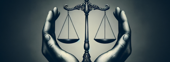 Two hands surround a balanced justice scale, symbolizing protection, fairness, and equality, set against a neutral, gradient background.