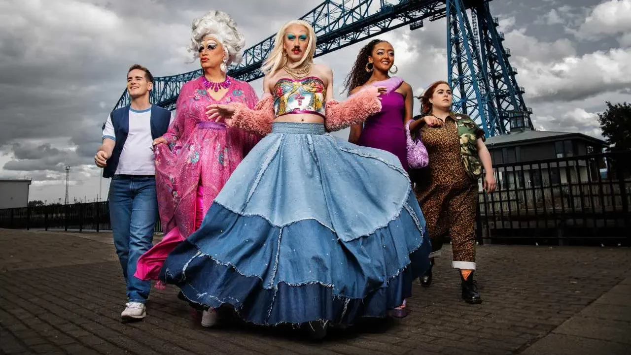 The cast of Smoggie Queens standing at Middlesbrough Docks