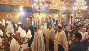 The Abbot of the Sacred Patriarchal and Stavropegial Orthodox Monastery of St. Irene Chrysovalantou, Archimandrite Meletios Bougas, presides over the Vespers service of St. Marina, flanked by the St. Nicholas-St. Marina community’s presiding priest Fr. Gerasimos Maroulas and clergy of the Sacred Monastery. Photo: TNH/Michael Kakias