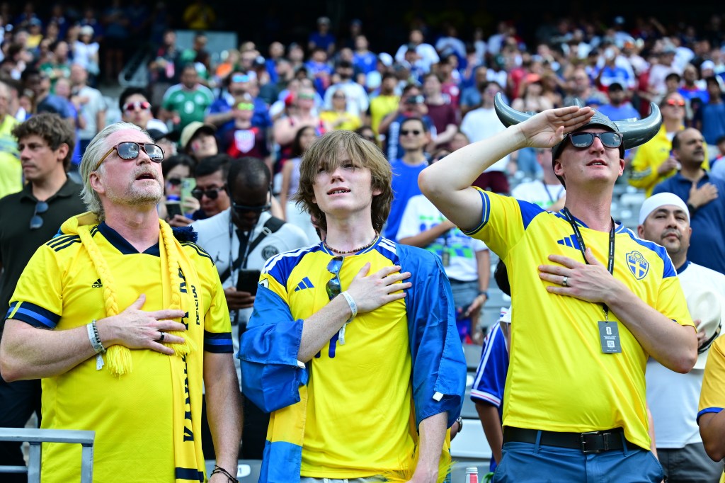 Sweden fans cheer before their team's Round of 32 loss to France on June 30, 2026 at MetLife Stadium.