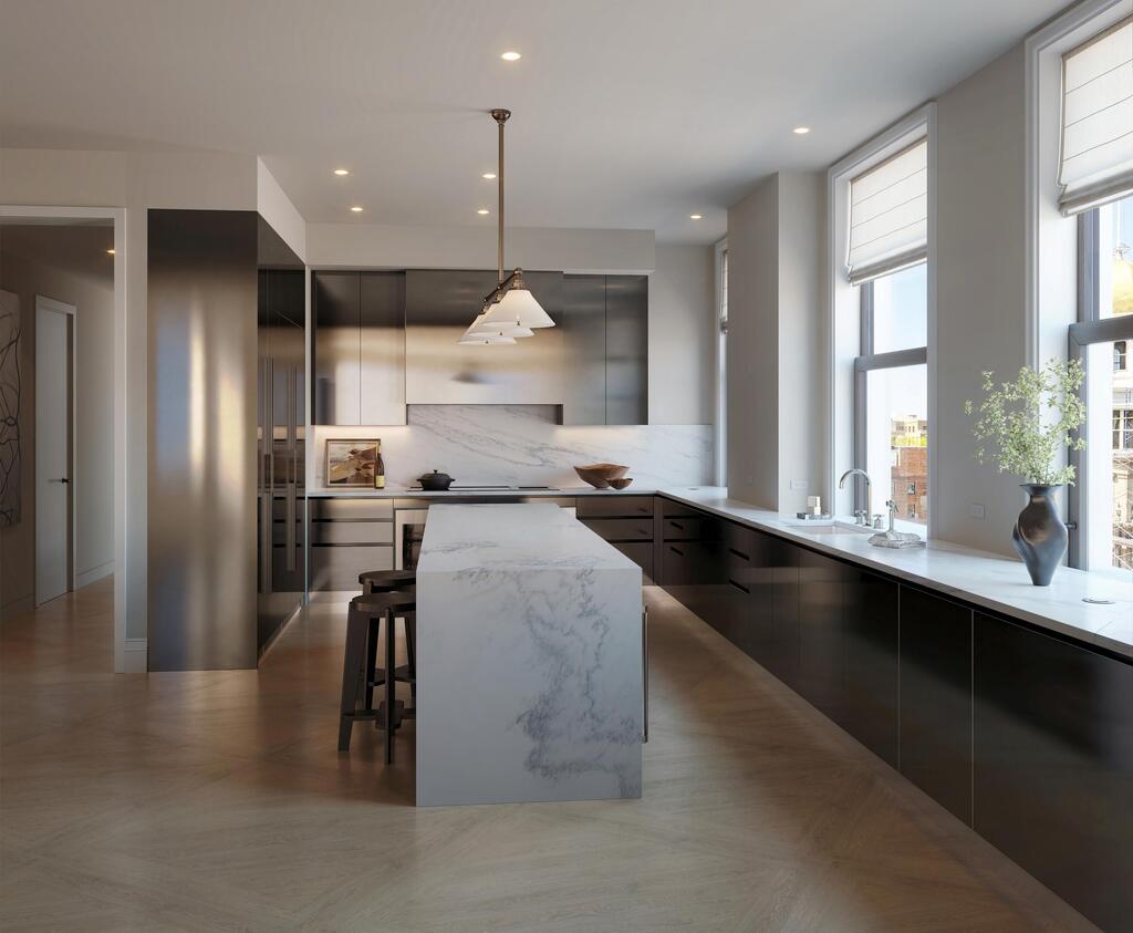 A planned kitchen in one of the north-facing apartments (Illustration: Visualisation One, The Flatiron Building) מטבח מתוכנן באחת הדירות הפונות צפונה
