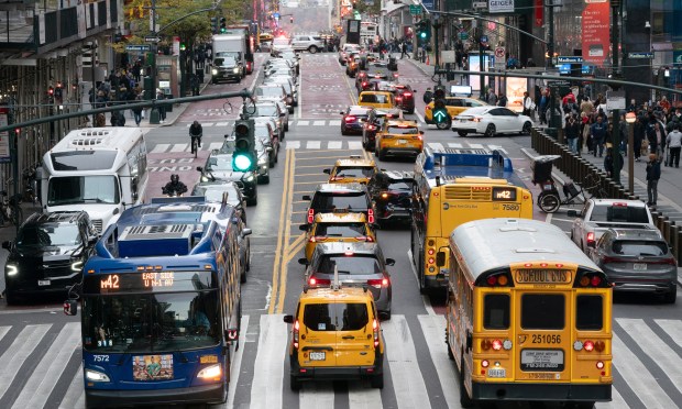 Traffic on East 42nd Street in Manhattan.
