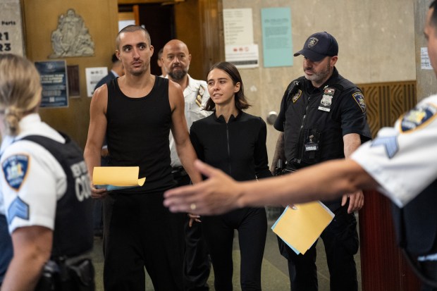 Angelina Nikolau and Ivan Kuznetsov leave Manhattan Criminal Court on Thursday.