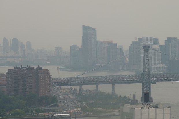 Hazy smoke from Canadian wildfires hangs over New York City on Thursday, July 16, 2026. (Gardiner Anderson / New York Daily News)