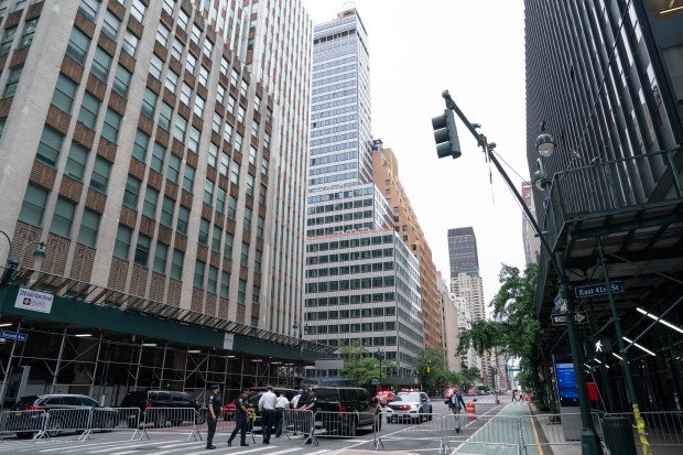 A building at the corner of E. 42nd St. and Second Ave. in Manhattan is pictured Tuesday, July 7, 2026, after the building was evacuated because of structural damage.