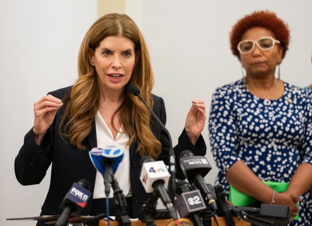 New York City Council Speaker Julie Menin (left) speaks during a press related to the Legionnaires' disease outbreak in the Upper East Side of Manhattan during a press conference at Lenox Hill Hospital Tuesday, July 21, 2026 in New York City. (Barry Williams/ New York Daily News)