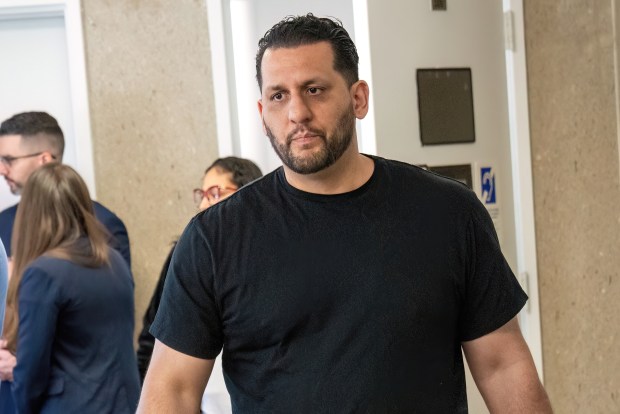 Theodore Paloumbas, husband of María Paz Peñaloza Cabrera, is pictured at Queens Supreme Court on Monday, April 28, 2025. (Theodore Parisienne / New York Daily News)