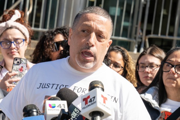 Franklin Diaz Sr., father of fatal crash victim Justin Diaz, speaks to the press after he and other family members attended a court appearance by former FDNY Firefighter Michael Pena outside the Queens Criminal Courthouse in Queens on Thursday, April 17, 2025. (Theodore Parisienne / New York Daily News)