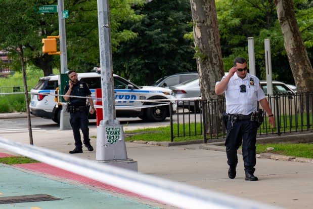 A 34-year-old man was repeatedly stabbed outside the NYCHA Bayview Houses on Shore Parkway near Rockaway Parkway in Canarsiey, Brooklyn on Monday, July 27, 2026. (Theodore Parisienne / New York Daily News)