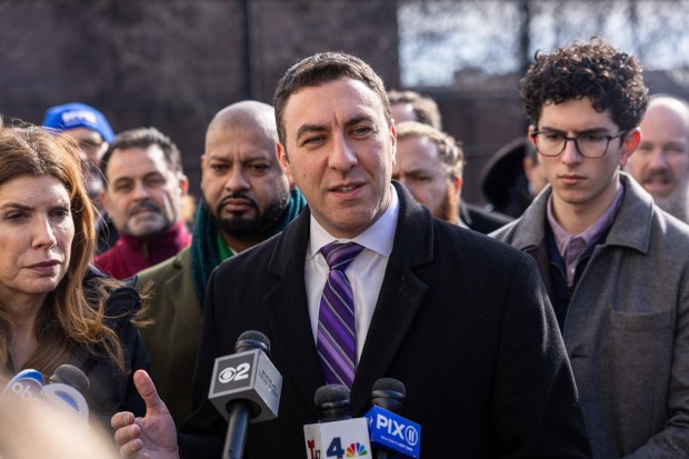 City Councilman Eric Dinowitz speaks to the press after over 50 swastikas graffitis were found across the playground areas in Gravesend Park, Brooklyn, Thursday, January 22, 2026. (Shawn Inglima/ New York Daily News)