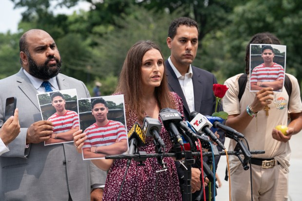 NYCLASS Executive Director Edita Birnkrant speaks during a press conference Monday, July 27, 2026, where family members of Romanch Mahajan's family and animal rights activists called for the passage of Ryder's Law, also called Romanch's Law, in Central Park in Manhattan. (Barry Williams/ New York Daily News)