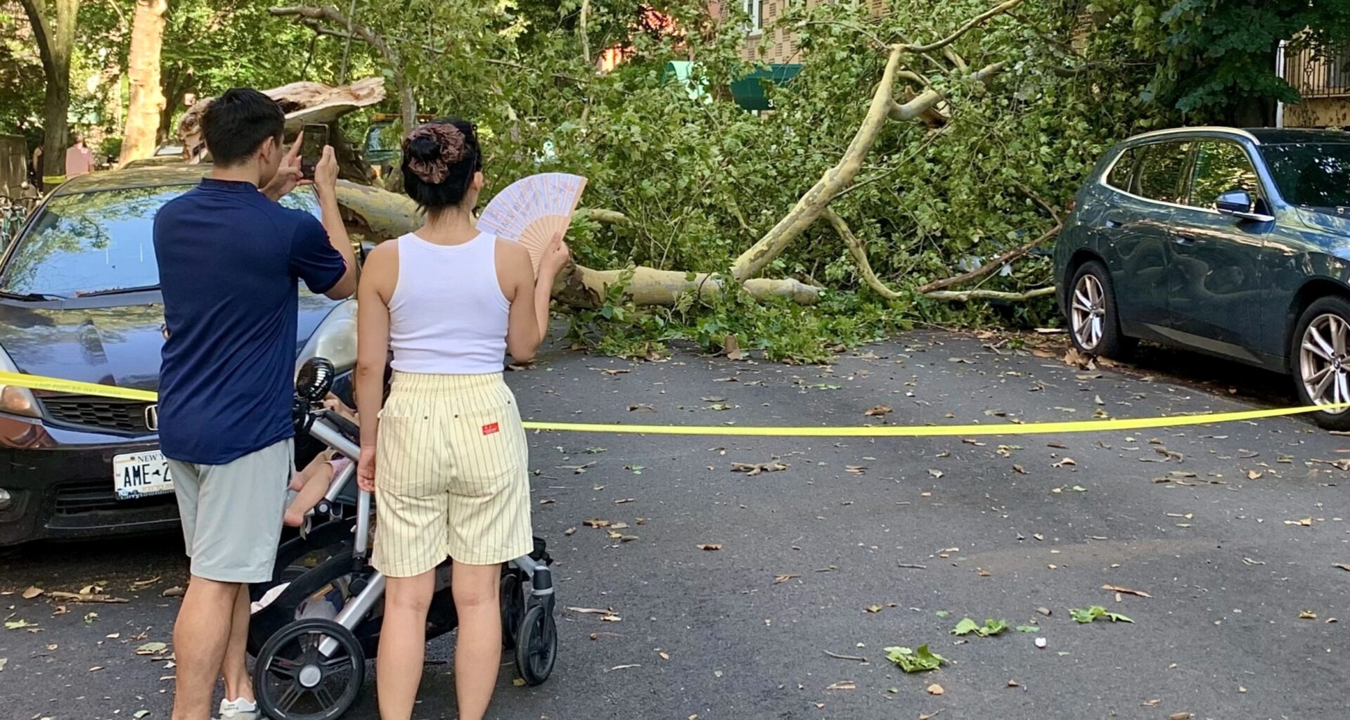 This couple on Pierrepont Street in Brooklyn Heights surveyed the damage from Friday night’s storm. Photo: Mary Frost/Brooklyn Eagle