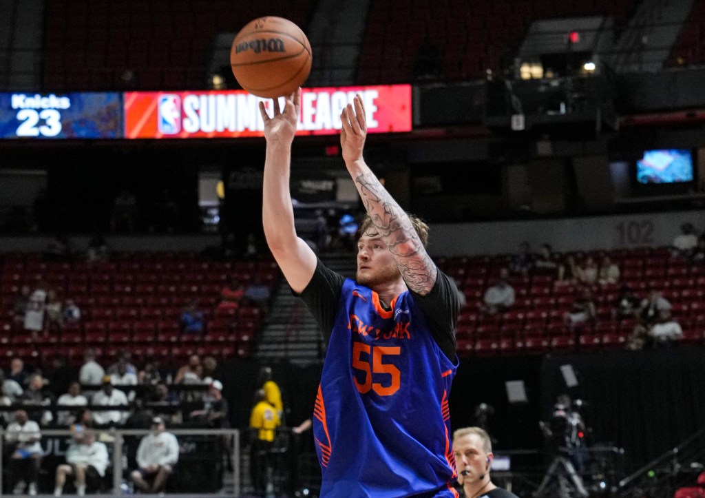 Knicks second-round pick Tyler Nickel shoots a 3-pointer during the Knicks' 70-49 Summer League loss to the Spurs on July 11, 2026 in Las Vegas.