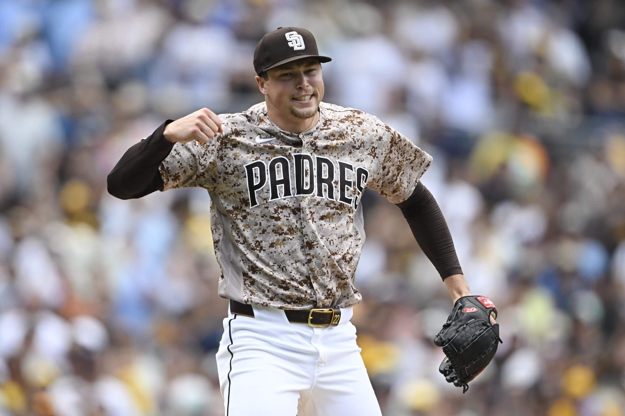 San Diego Padres pitcher Mason Miller (22) celebrates after the Padres beat the Toronto Blue Jays at Petco Park.