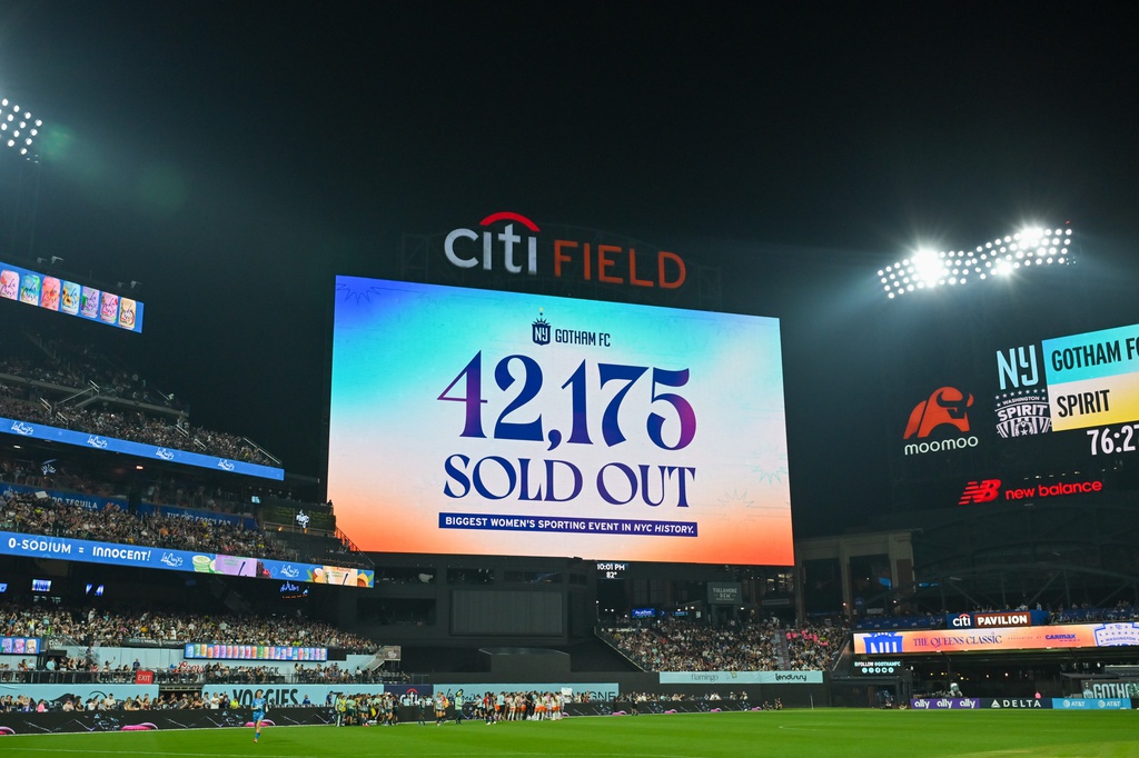 A sold out crowd is announced during the Queens Classic match between Washington Spirit and Gotham FC at Citi Field.