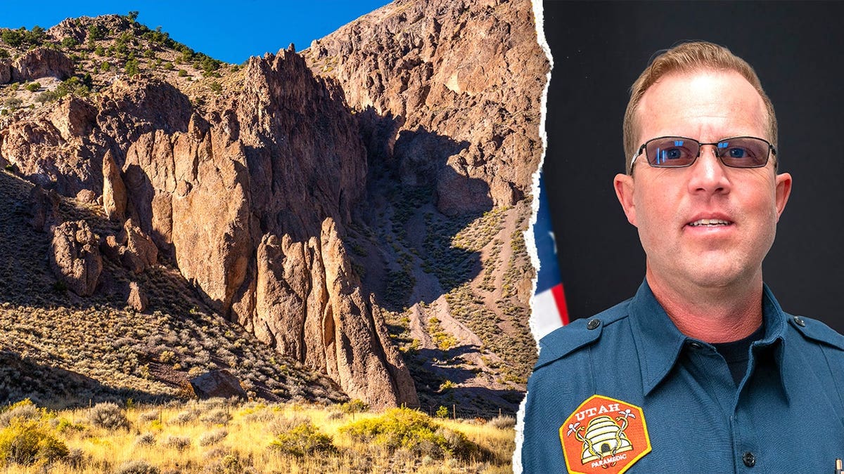 Split image of canyon, portrait of killed father