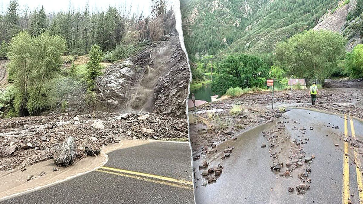 Split image of debris, chaos after mudslide