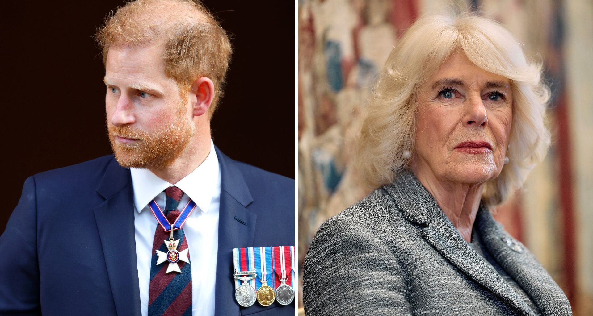 A comp image of Prince Harry (L) and Queen Camilla (R)