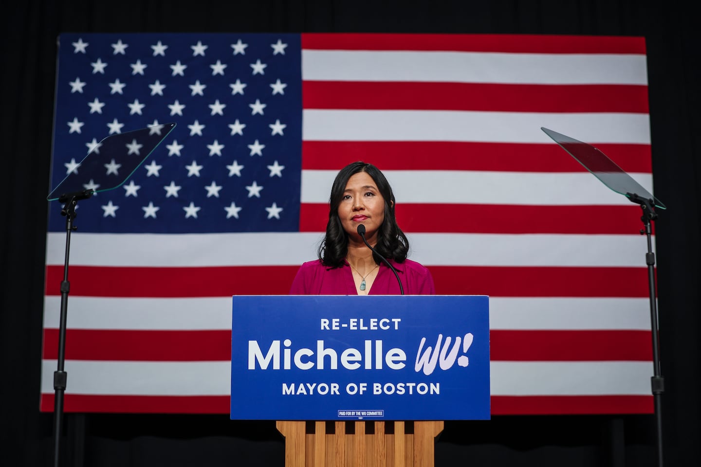 Wu addressed supporters during her reelection campaign launch in 2025.