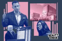 Apex Development’s Andrew Esposito, President Donald Trump and City Council member Shahana Hanif with a rendering of 441 and 467 Prospect Avenue in Brooklyn