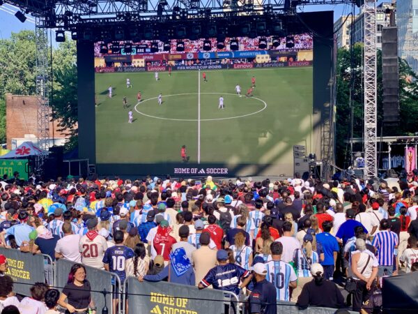 A capacity crowd watched Sunday’s FIFA World Cup final on a giant screen at the adidas Fan Zone in Brooklyn Bridge Park. Photo: Mary Frost/Brooklyn Eagle