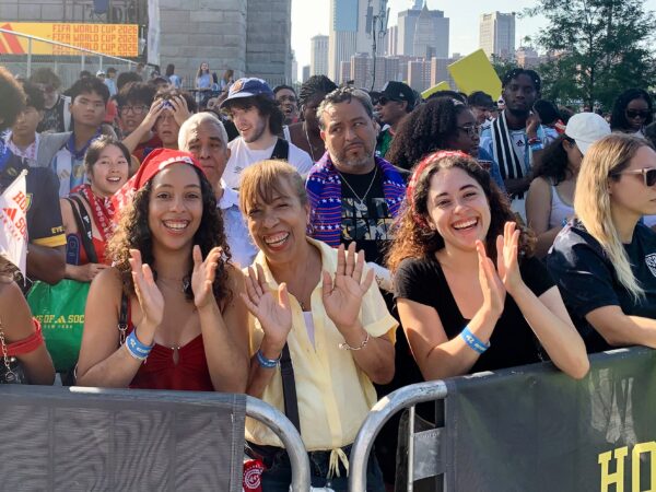 A large crowd cheered, jeered and sometimes held their heads in agony during the World Cup final match at the adidas Fan Zone in Brooklyn Bridge Park. Photo: Mary Frost/Brooklyn Eagle