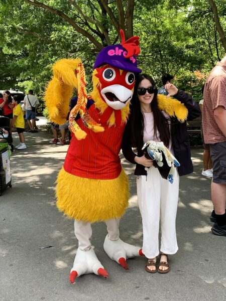 Rowgelia, the Spanish bird mascot of the Elrow music festival, makes an appearance at the adidas World Cup Fan Zone in Brooklyn Bridge Park. Photo: Mary Frost/Brooklyn Eagle